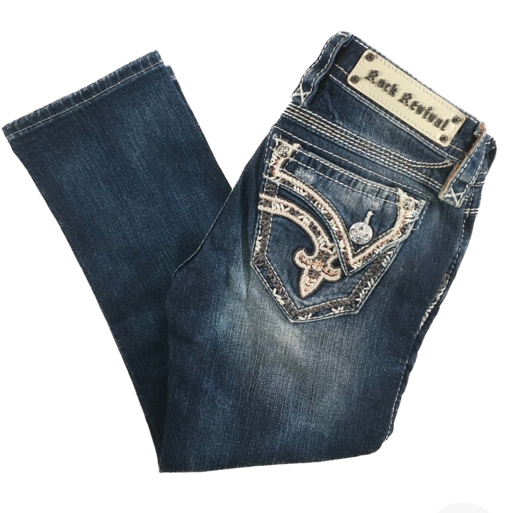 ❤️ROCK REVIVAL❤️ ALEXIA MED WASH CROPPED EMBROIDERED JEANS Size 28